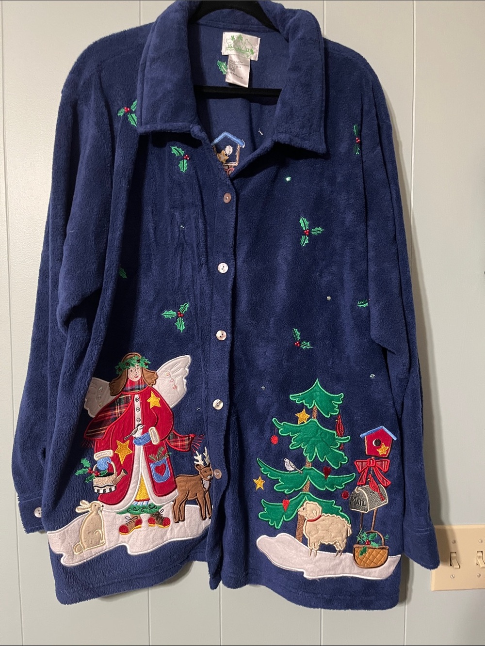 Quacker Factory Navy Fleece Jacket with holiday design